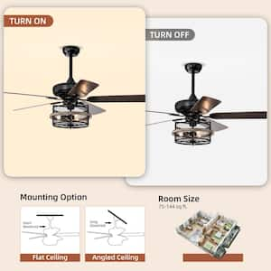 Farmhouse 52 in. Indoor Black Ceiling Fan with Industrial Cage Lampshade, 2-Color-Option Blades and Remote Included