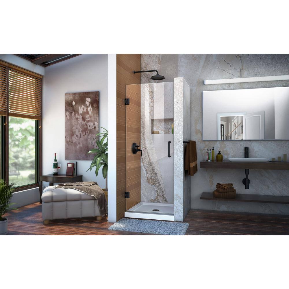 30" Satin Black Frameless Hinged Shower Door with Clear Glass