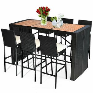 7-Piece Wicker Outdoor Bar Set Dining Set with Beige Cushions