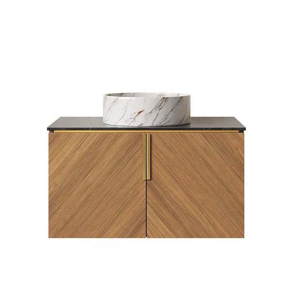 30 in. Wall-Mounted Oak Bath Vanity with Black Sintered Stone Top Unassembled