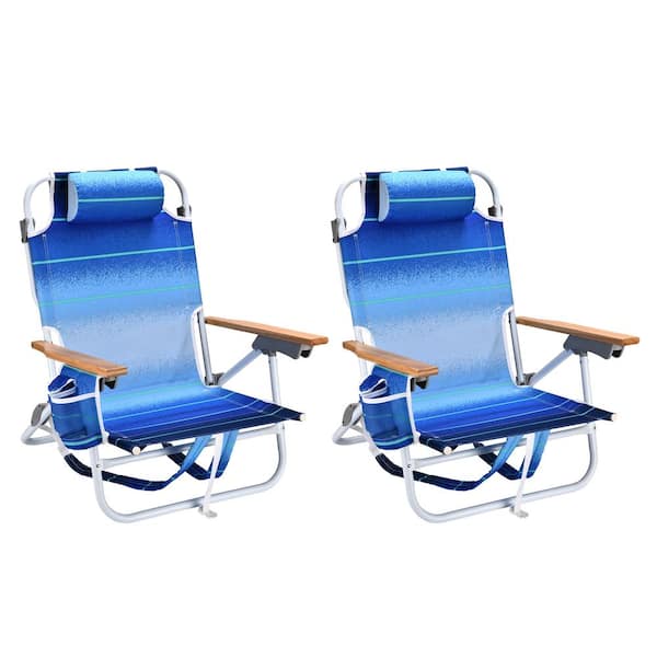 Unbranded 2-Piece Blue Outdoor Metal Folding Bench Chair with 5-speed Adjustable and Pillow