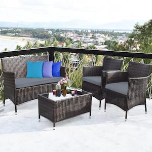 4-Piece Wicker Patio Furniture Set Rattan Sofa Chair Table Set with Gray Cushions