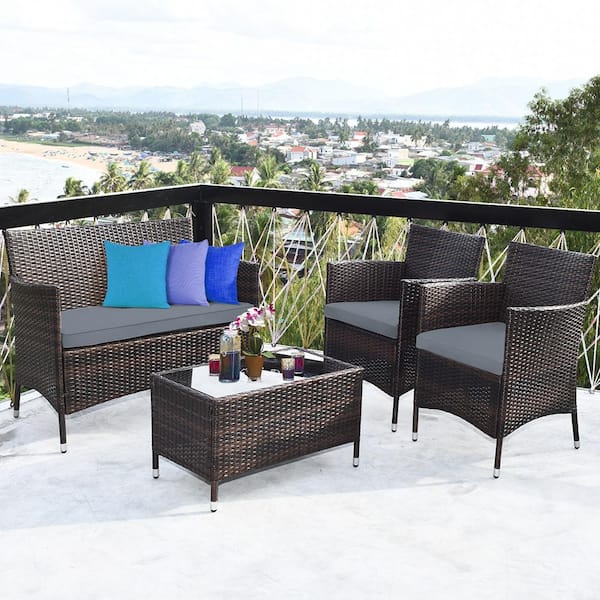 4-Piece Wicker Patio Furniture Set Rattan Sofa Chair Table Set with Gray Cushions