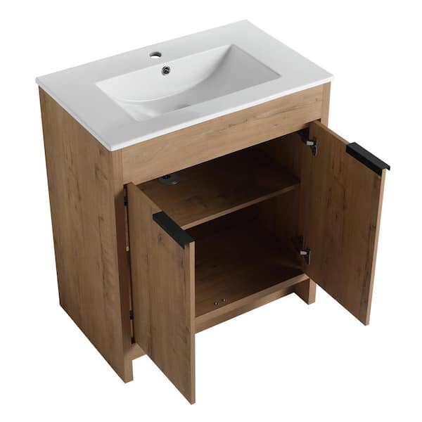 FUNKOL 30 inWx34.3 inH Modern Elegant Freestanding Bathroom Vanity with White Ceramic Top,1 Sink,Doors and Shelf,Wooden