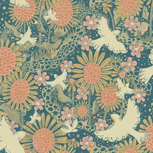A-Street Prints Blue Drömma Teal Songbirds and Sunflowers Wallpaper Sample