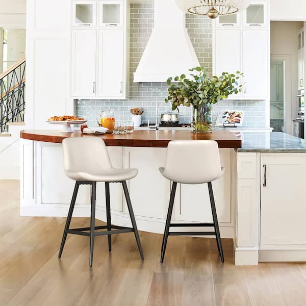 cozyman 24 in.White Low Back Metal Frame Barstool Cushioned Counter Height Bar Stool with Faux Leather Seat Set of 2 YB 001 06