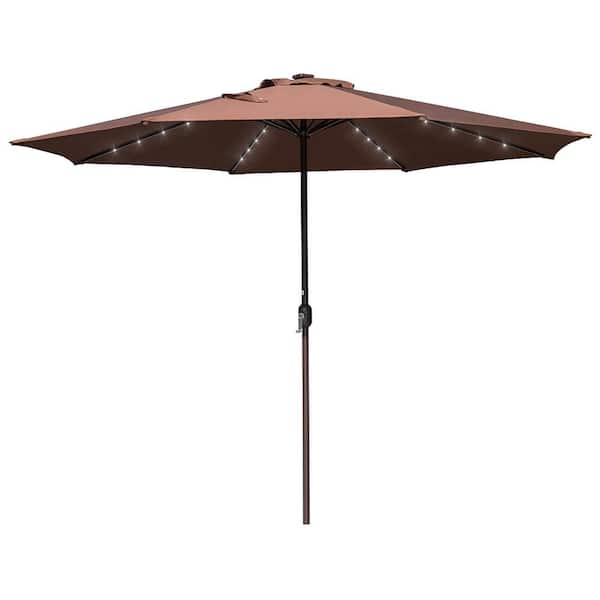 Wildaven Outdoor 11 ft. 40 LED Lights Steel Market No Tilt Patio Umbrella in Coffee with Crank