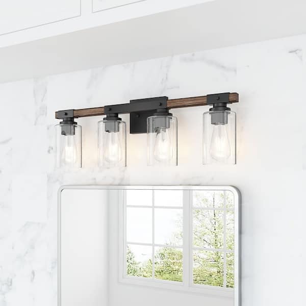 Farmhouse 26.96 in. Bathroom 4-Light Black Vanity Light Industrial Wall Sconces Over Mirror with Seeded Glass Shade