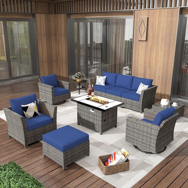 XIZZI Vesta Gray 10-Piece Wicker Outerdoor Patio Rectangular Fire Pit Set with Navy Blue Cushions and Swivel Rocking Chairs