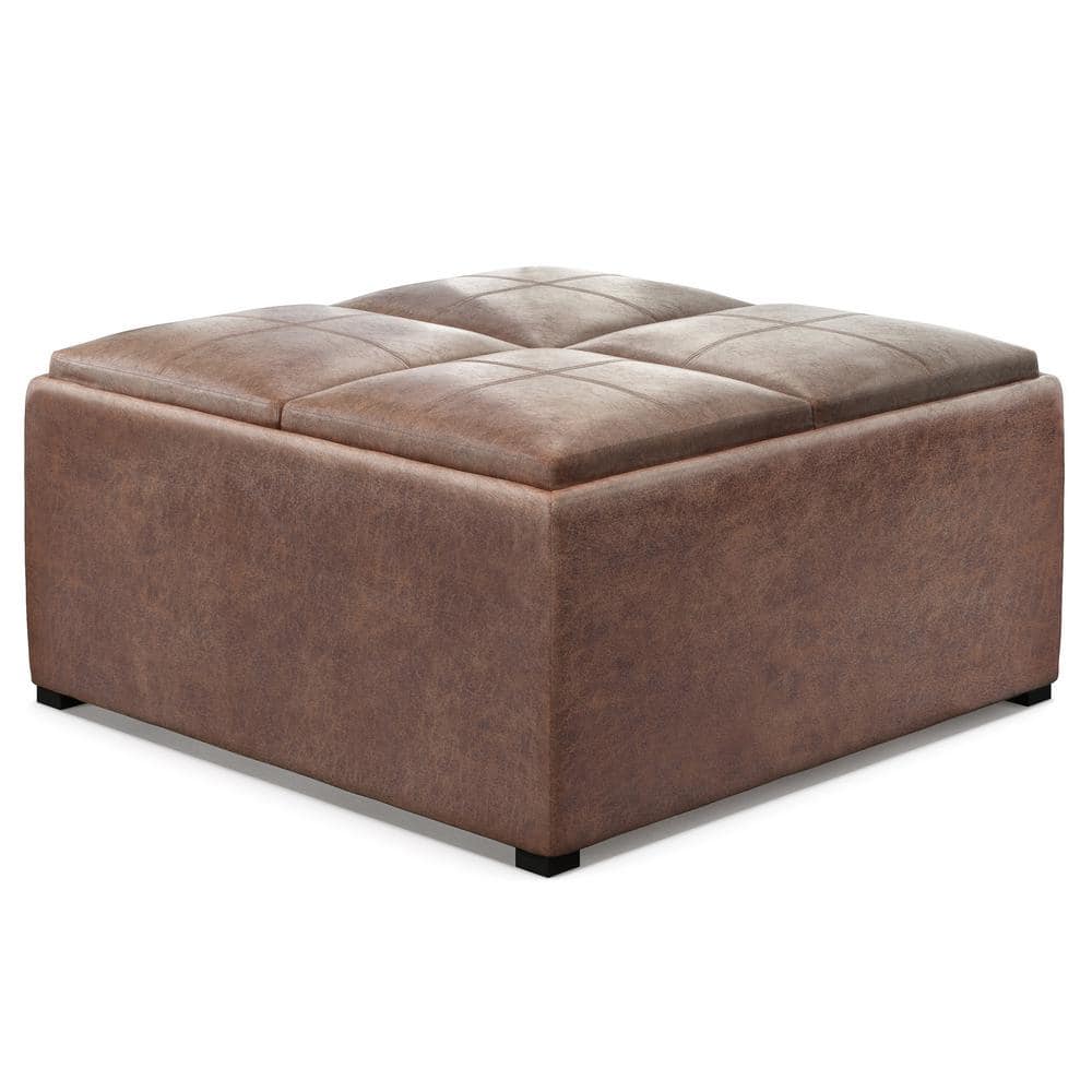 Avalon 35" Distressed Umber Brown Faux Leather Square Storage Ottoman