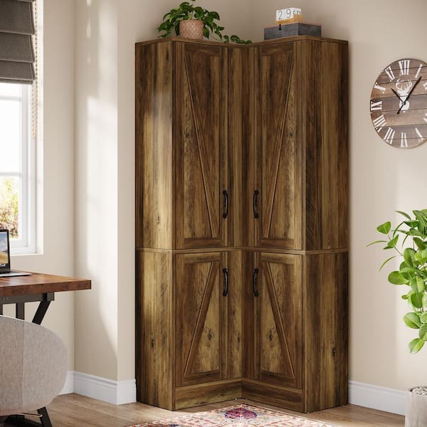 TRIBESIGNS WAY TO ORIGIN Brown 71 in. Tall Corner Storage Cabinet with Barn Doors and 5-Shelves, Wood Accent Cabinet for Living Room, Kitchen