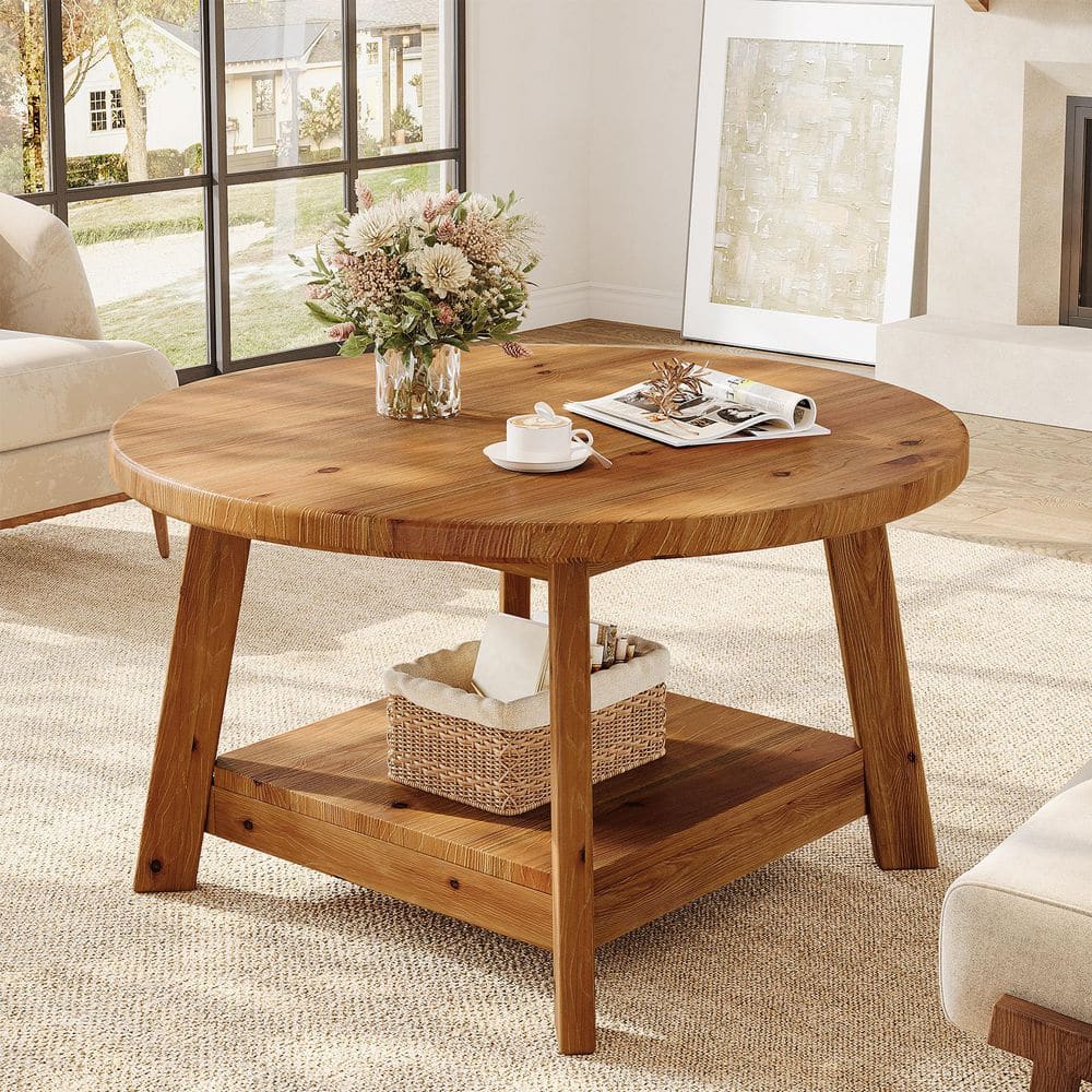 Kerlin 31.5 in. Brown Round Solid Wood Coffee Table with Storage, 2-Tier Circle Accent Center Tea Cocktail Table price history on PriceWatchPro
