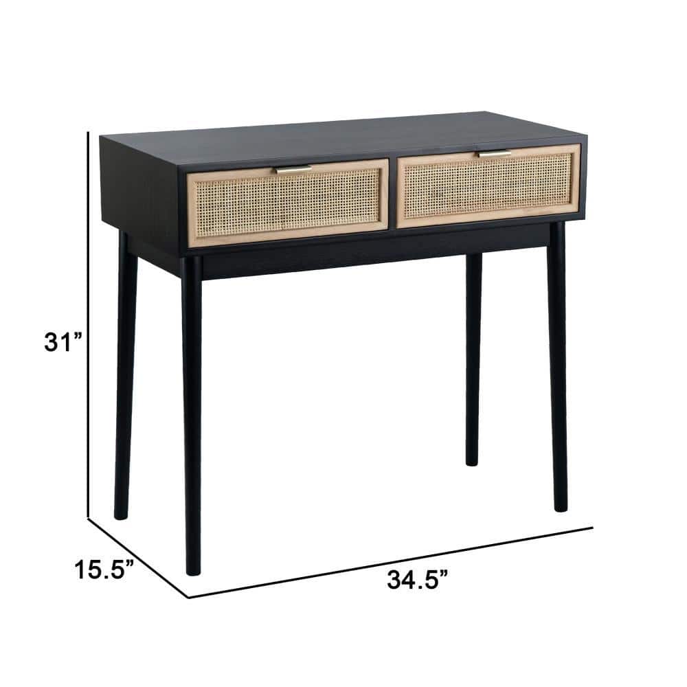 Ela 35 Inch Black Wood Console Table with Rattan Drawers