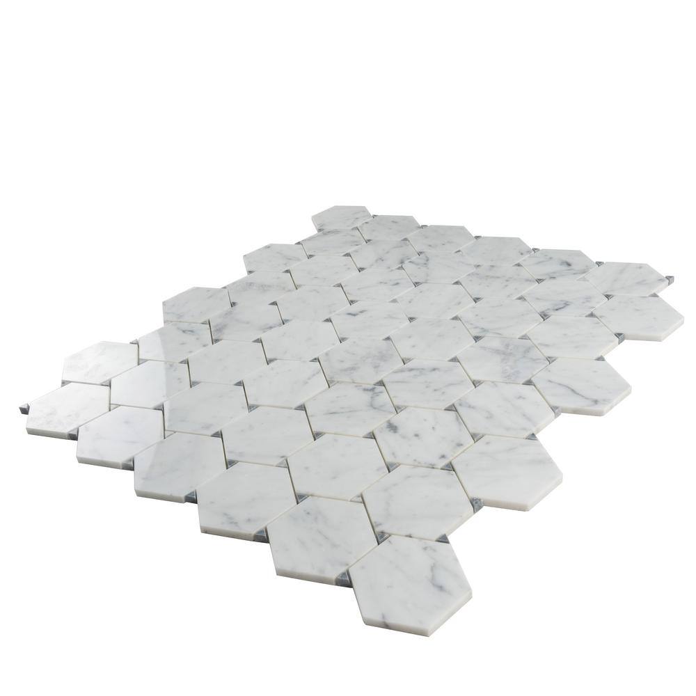 Athens White and Gray Polished Marble Hexagon Mosaic Tile