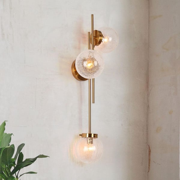 LNC Modern 30 in. H Brass 3-Light Vanity Light Linear Vertical or Horizontal Wall Sconce with Globe Cracked Glass Shades
