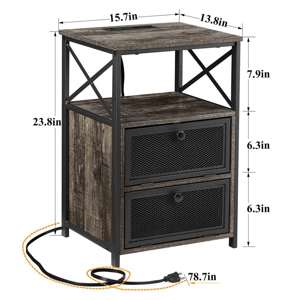 Gray and Black Metal Nightstands with Wood Top and USB Ports, Set of 2