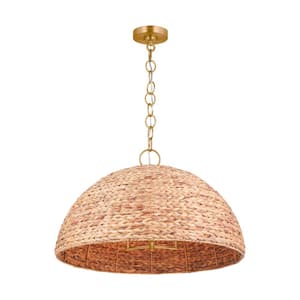Cay Extra Large 3-Light Burnished Brass Pendant Light with Sea Grass Shade