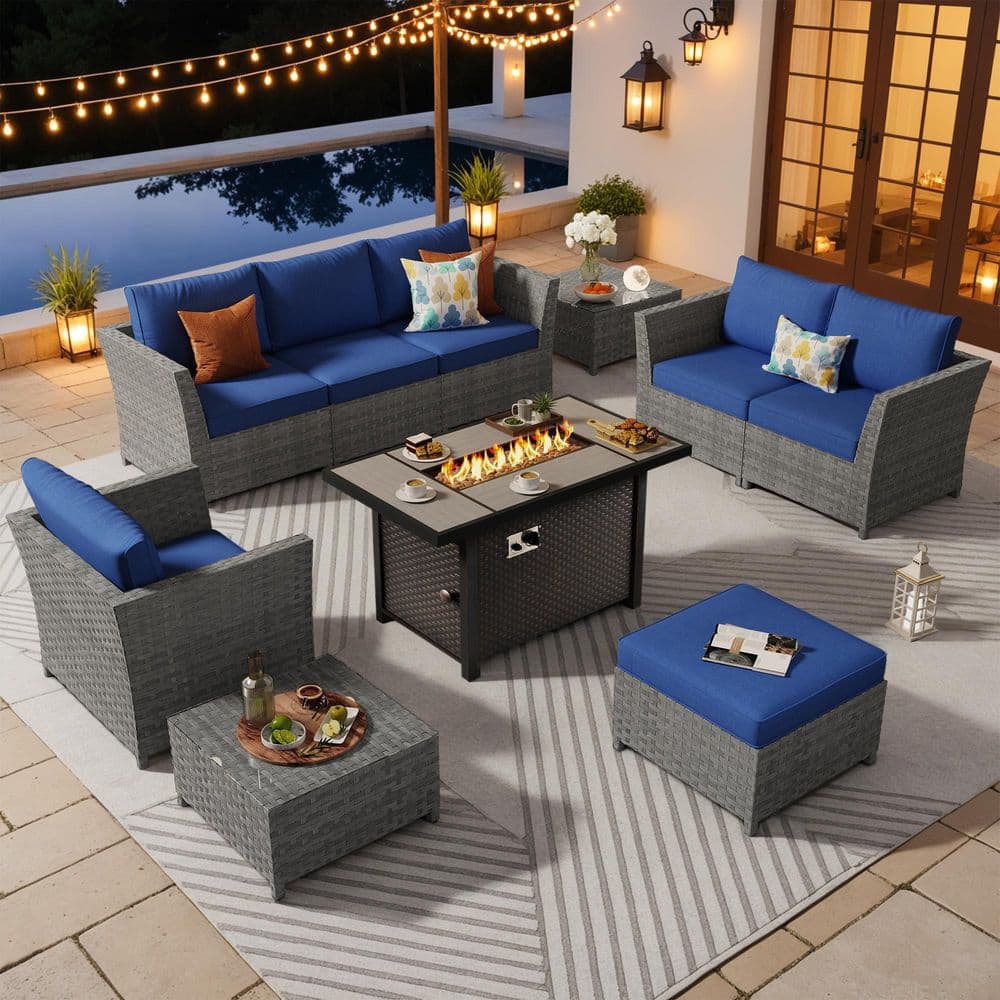 Alpenrose 10 Pieces Wicker Outdoor Patio Rectangular Fire Pit Set with Navy Blue Cushions price history on PriceWatchPro
