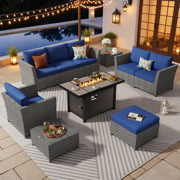 XIZZI Alpenrose 10 Pieces Wicker Outdoor Patio Rectangular Fire Pit Set with Navy Blue Cushions
