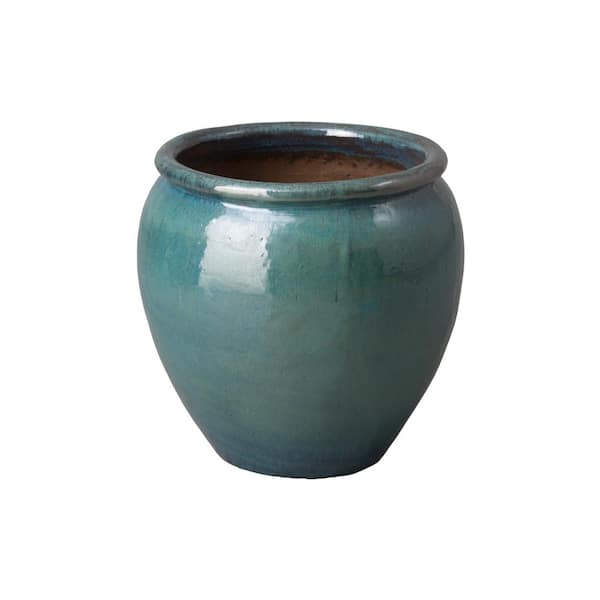 Emissary 19 in. L x 19 in. H Teal Ceramic Round Planter with Drainage Hole