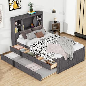 Antique Brown Wood Frame Twin Platform Bed with Twin Trundle, 3-Drawers, USB Charging, Storage Headboard with Shelves