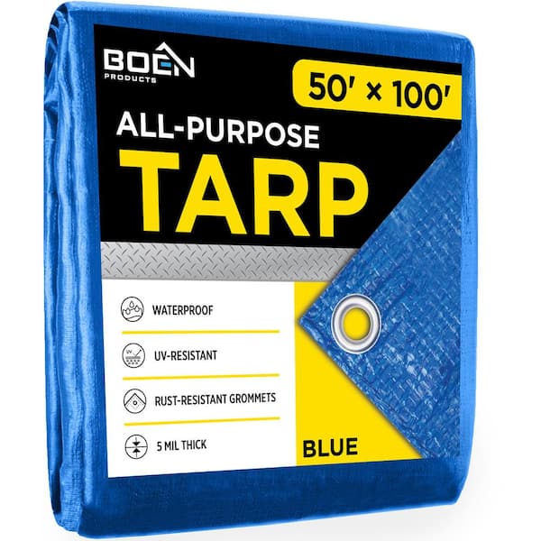 BOEN 50 ft. W x 100 ft. L Heavy Duty Blue Poly Tarp Cover Waterproof, Tarpaulin