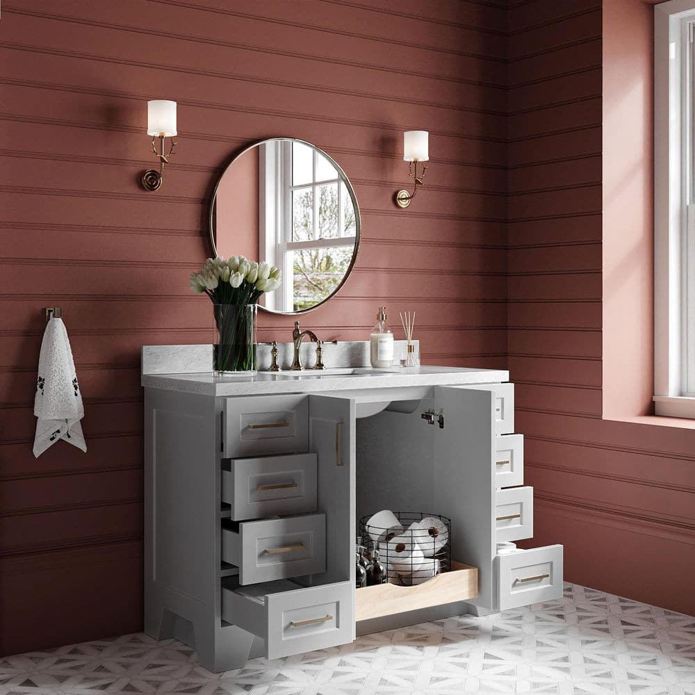 Gray Freestanding Single Sink Vanity with Marble Top