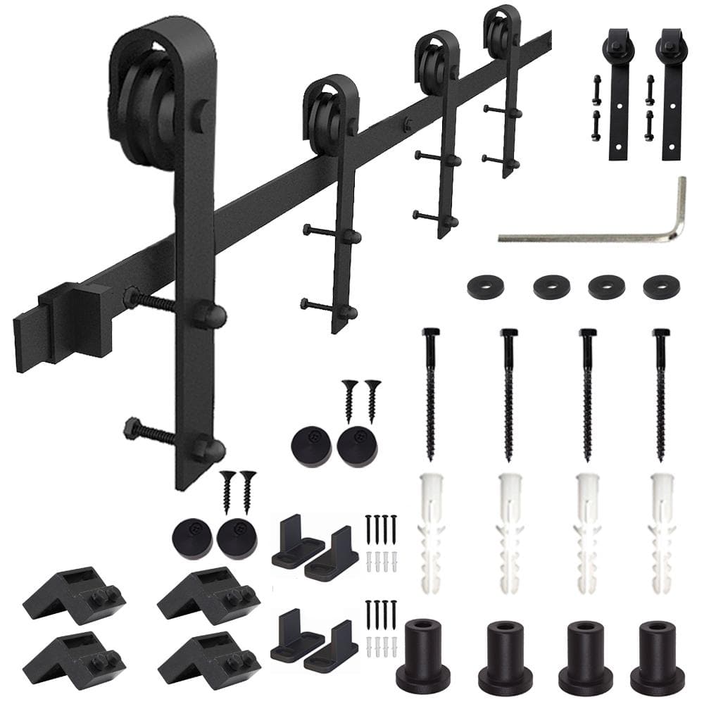 WINSOON 12 ft./144 in. Frosted Black Sliding Barn Door Hardware Track Kit  for Double Doors with Non-Routed Floor Guide GCM1880 The Home Depot