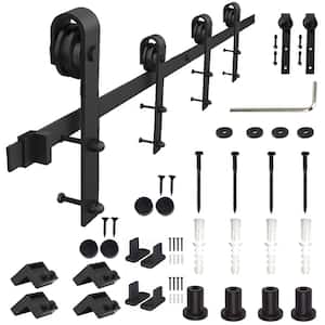 96 in. Frosted Black Sliding Barn Door Hardware Track Kit for Double Doors with Non-Routed Floor Guide