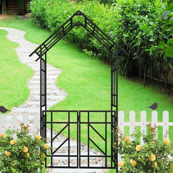 97.24 in. x 58.07 in. Metal Garden Arch Arbor with Gate Outdoor Arch ...