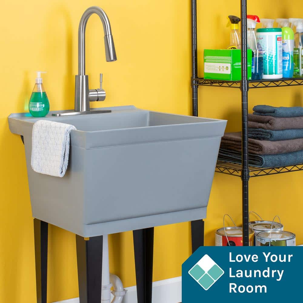 Gray Freestanding Utility Sink with Stainless Steel Faucet