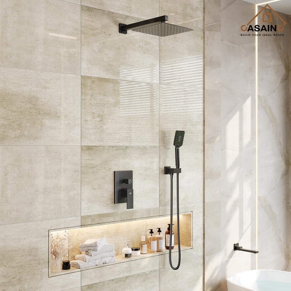 Matte Black 12" Wall Mount Square Shower System with Handheld Spray