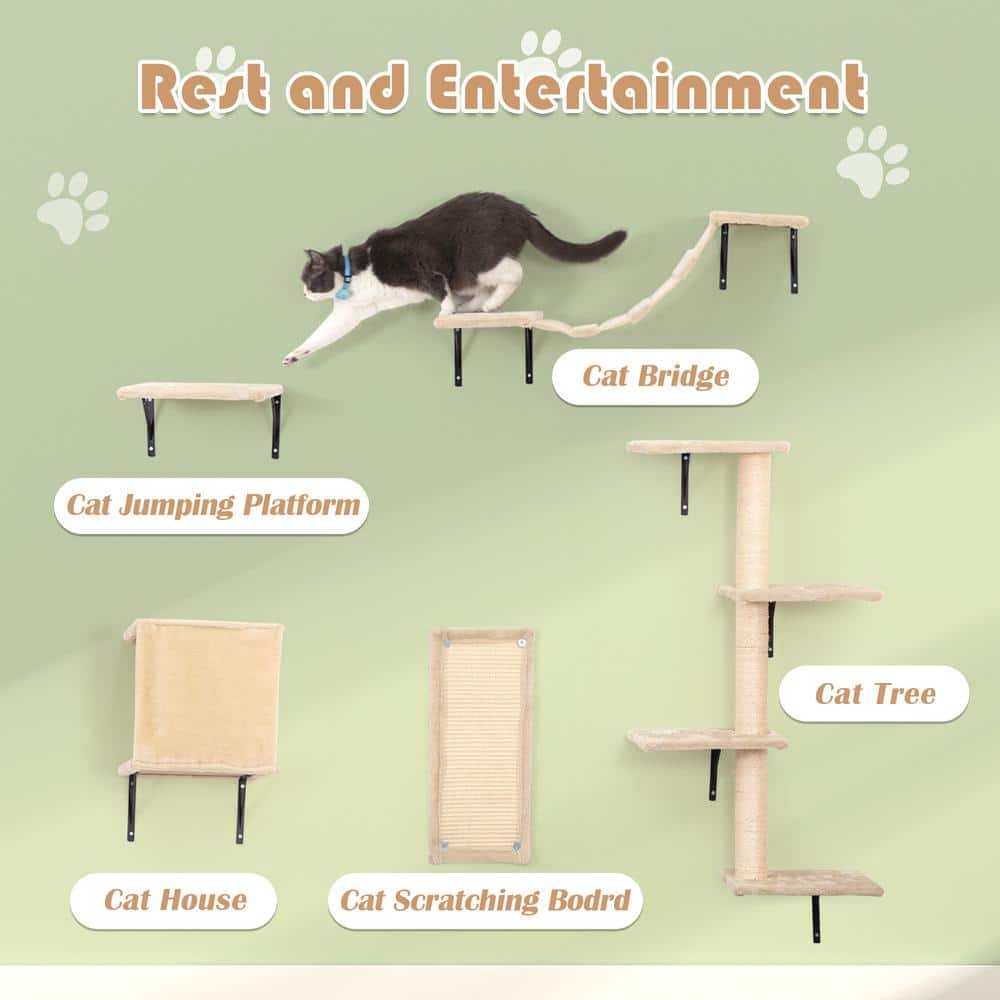 Beige Wall Mounted Cat Tree Set with Sisal Posts