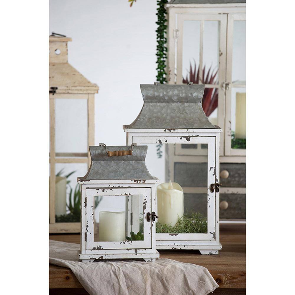 Set of 2 White and Gray Wooden Hanging Lanterns