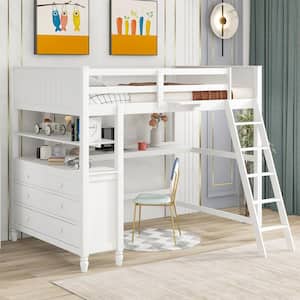 Multifunction White Full Wood Loft Bed with Desk, Shelves and Drawers