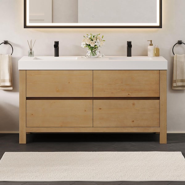 Cascadia 60 in. Double Freestanding Weathered Fir Bath Vanity with White Artificial Stone Top Assembled
