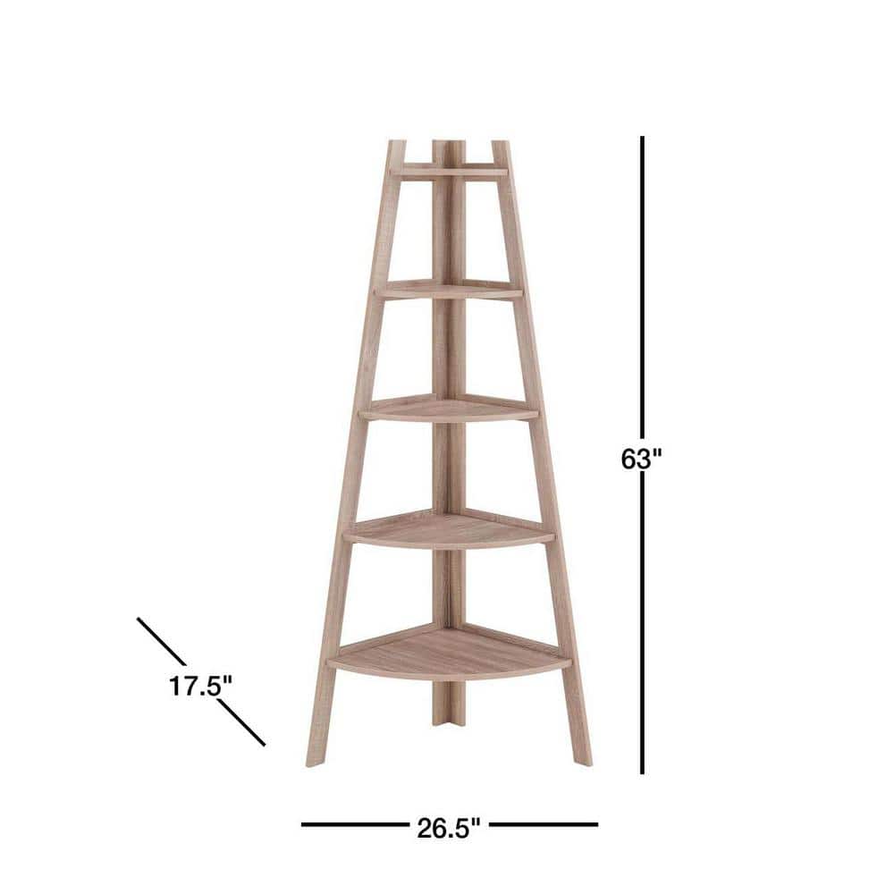 Weathered Oak 5-Tier Corner Ladder Bookshelf