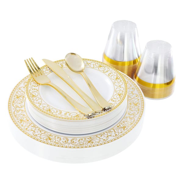 150-Piece Disposable Plastic Dinnerware Party Set for 25-Guests in White with Gold Decal Trim