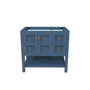 Alicia 35 in. W x 21.75 in. D x 32.75 in. H Bath Vanity Cabinet without Top in Matte Blue with Gold Knobs