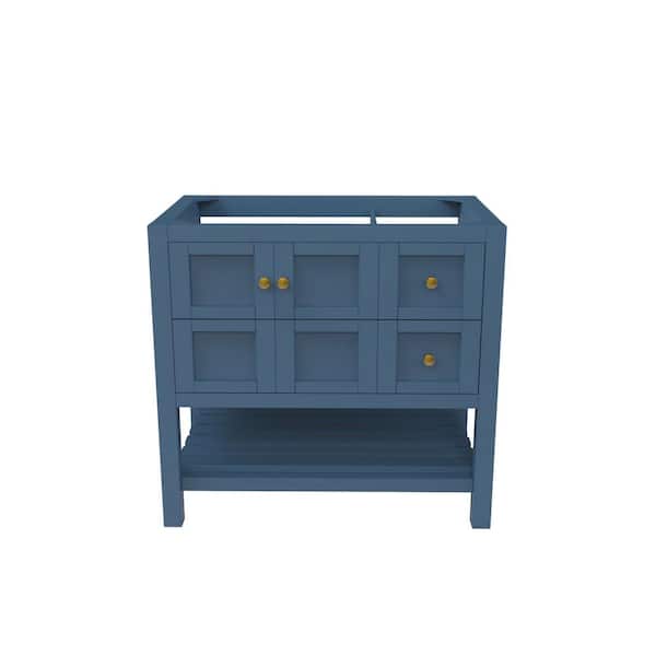 castellousa Alicia 35 in. W x 21.75 in. D x 32.75 in. H Bath Vanity Cabinet without Top in Matte Blue with Gold Knobs