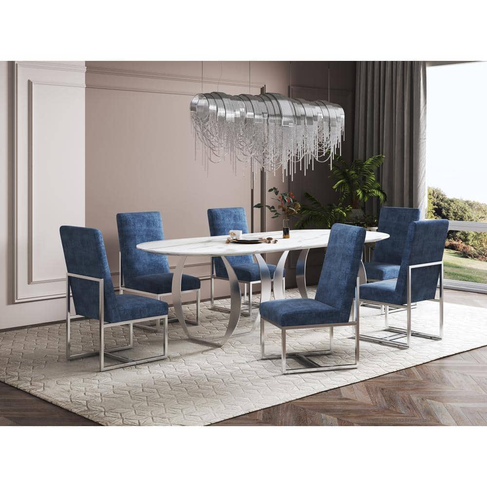 High-Back Blue Velvet Upholstered Arm Chair with Metal Frame