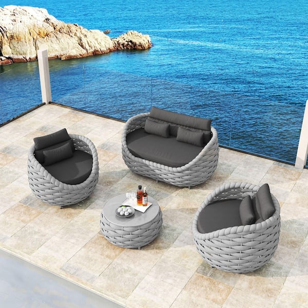 TWT Gray 4-Piece Aluminum Outdoor Patio Sectional Set Rattan Conversation Sets with Dark Gray Seat Cushion and Back Cushion