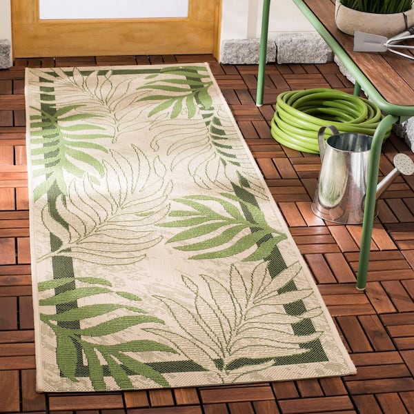 Courtyard Cream/Green 2 ft. x 7 ft. Border Indoor/Outdoor Patio  Runner Rug