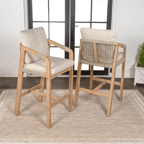 Porto Modern Coastal Tub Roped Acacia Wood Outdoor Bar Stool and Armrests, Beige/Light Teak with Cushions (Set of 2)