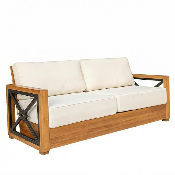 Provence Teak Wood Outdoor Loveseat with Ivory Cushion