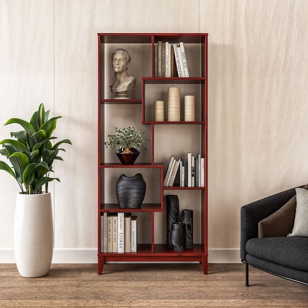 Geometrix 72 in. Tall Red Garnet Stain Finish Solid Wood 8-Shelf Bookcase