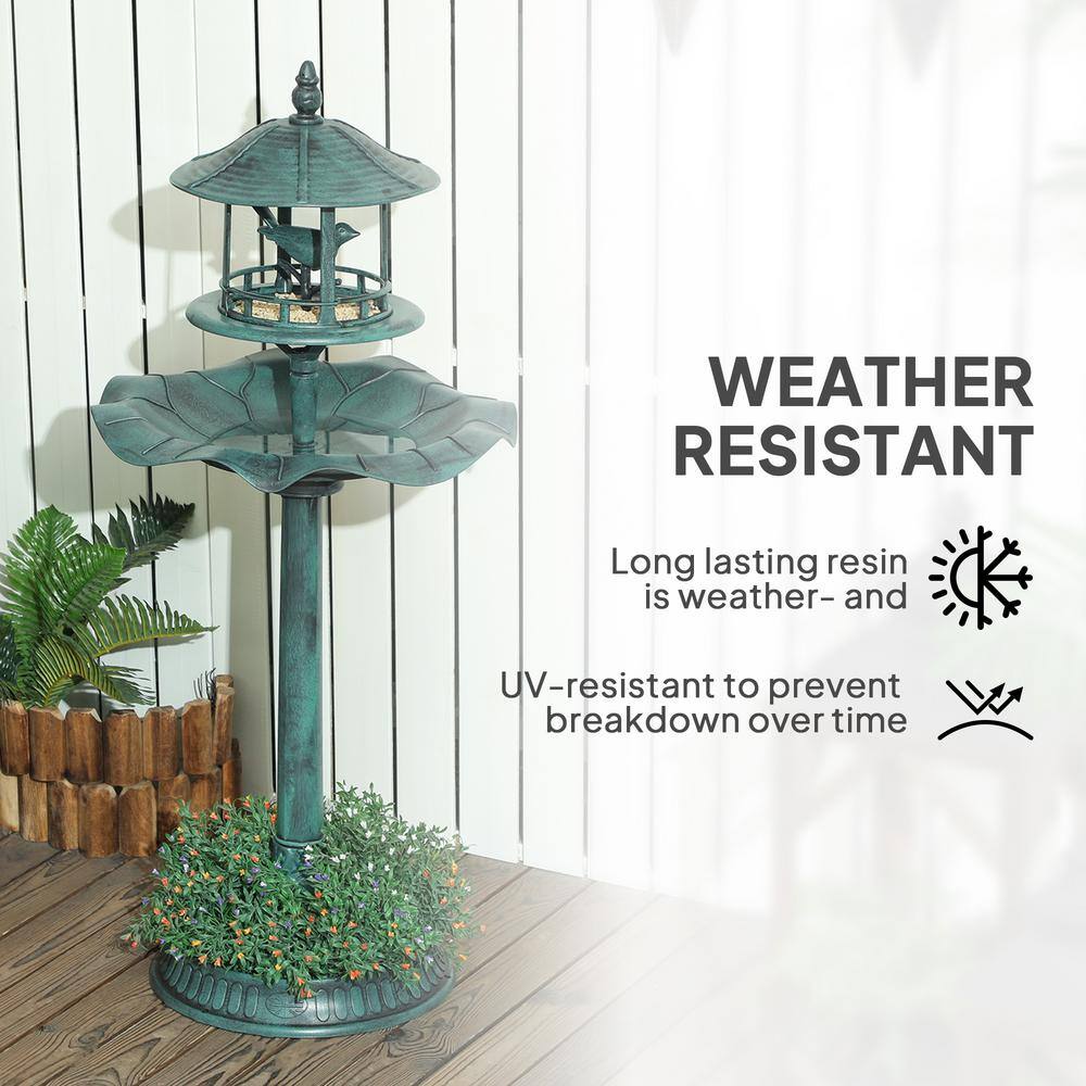 Green Plastic 3-in-1 Garden Bird Bath Bowl Pedestal with Feeder