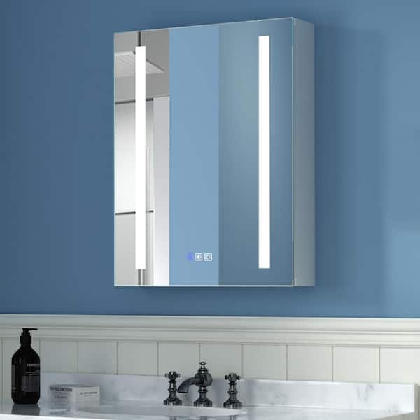 ExBrite 20 in. W x 26 in. H Rectangular Silver Aluminum Recessed/Surface Mount Left Medicine Cabinet with Mirror and LED Light