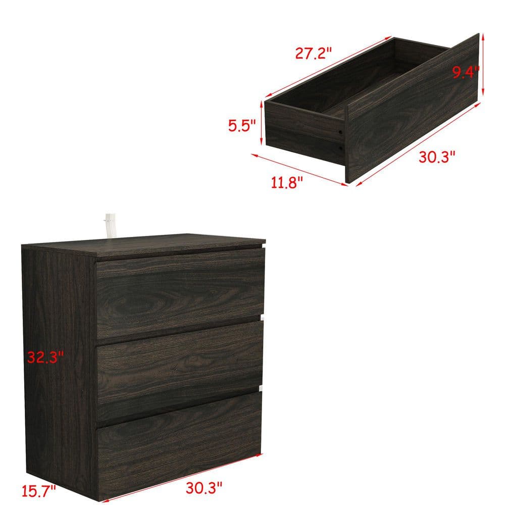 3-Drawer Black Wood Nightstand End Table 30.3 in. W x 32.3 in. H x 15.7 in. D - thumbnail 8