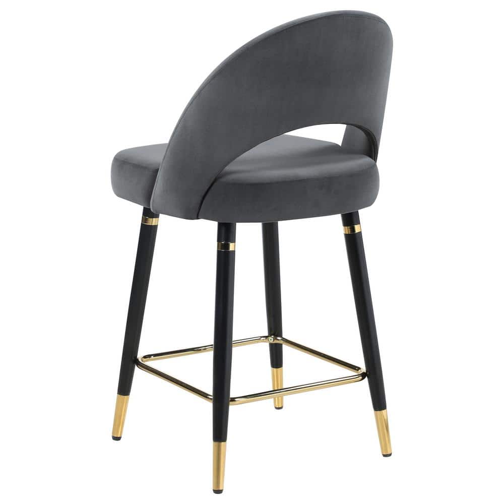 Gray Velvet Upholstered Arched Back Counter Stools with Gold Accents